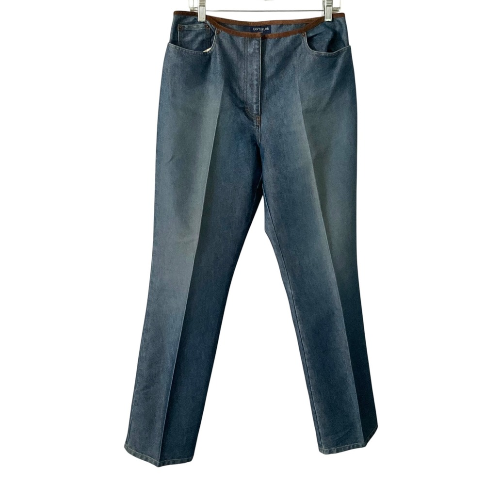 Ann Taylor Jeans Womens 12 Blue Straight Leg Mid Rise Suede Trim Medium Wash - Picture 2 of 7